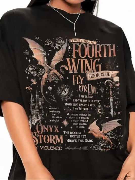 Women's Dragon & Book Print Round Neck Tee, Casual Graphic Short Sleeve T-Shirt for Summer, Ladies Clothes for Daily Wear