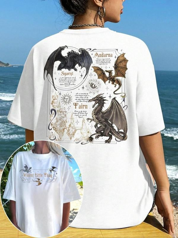 Women's Dragon & Figure Print Round Neck Graphic Tee, Vintage Trendy Casual Figure Graphic Short Sleeve T-shirt for Daily...