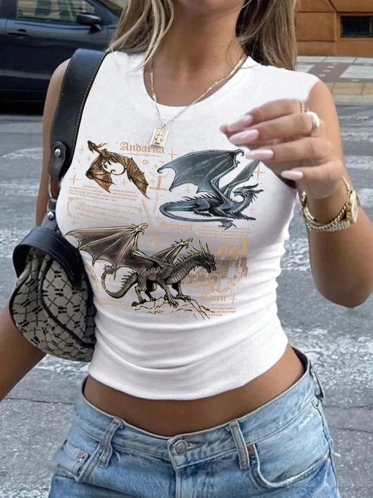Women's Dragon & Figure Print Round Neck Tank Top, Casual Sleeveless Graphic Top for Summer, Ladies Clothes for Daily Wear, Socks