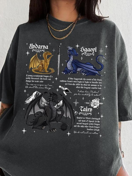 Women's Dragon & Letter Print Round Neck Graphic Tee, Vintage Trendy Casual Figure Graphic Short Sleeve T-shirt for Daily Wear, Ladies Summer Outfit