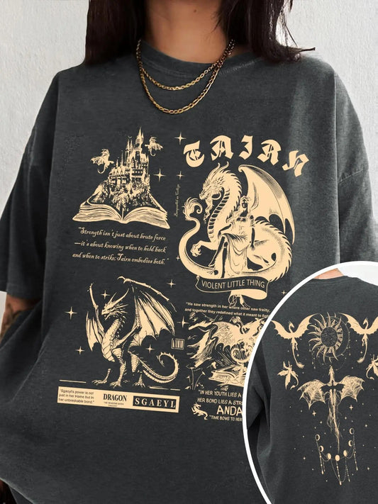 Women's Dragon & Letter Print Round Neck Graphic Tee, Vintage Trendy Casual Graphic Short Sleeve T-shirt for Daily Wear, Ladies Summer Tops