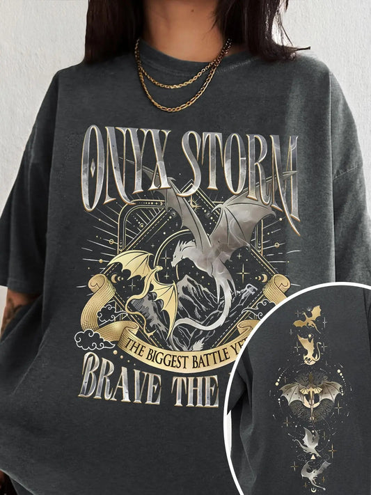 Women's Dragon & Letter Print Round Neck Tee, Vintage Trendy Casual Short Sleeve T-shirt for Daily Wear, Ladies Summer Wear