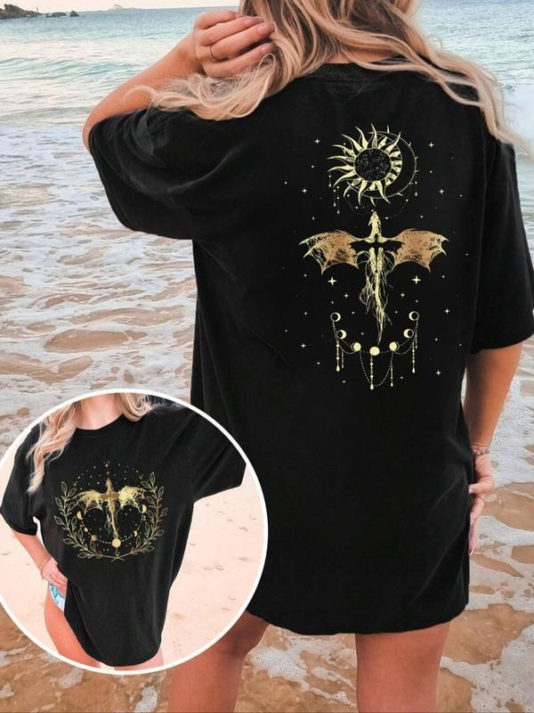 Women's Dragon & Moon Print Round Neck Tee, Casual Classy Figure Graphic Short Sleeve T-shirt for Summer, Ladies Clothes...