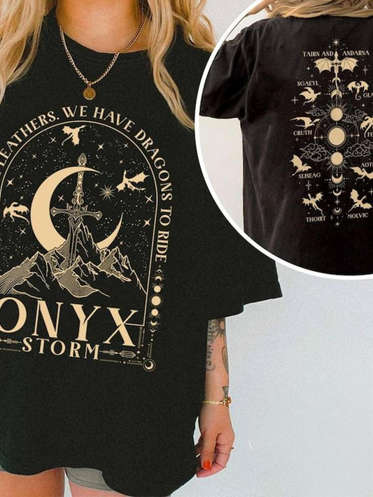 Women's Dragon & Moon Print Round Neck Tee, Casual Figure Graphic Short Sleeve T-shirt for Summer, Women's Top for Daily Wear