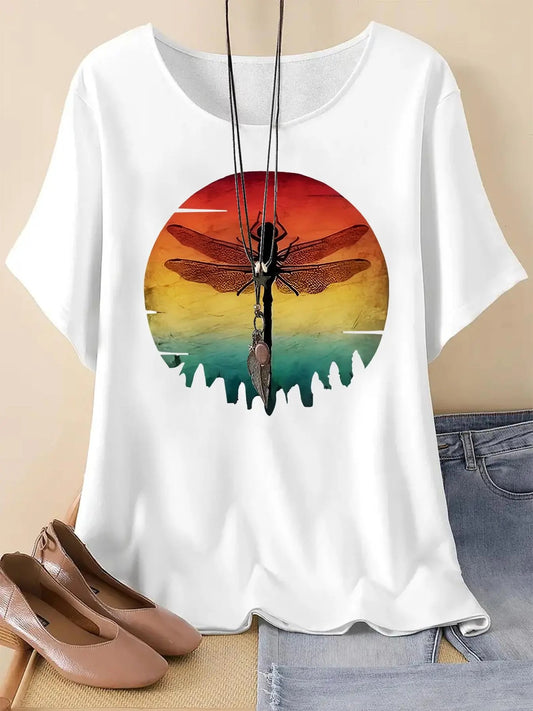 Women's Dragonfly Print Round Neck Tee, Trendy Casual Short Sleeve Crew Neck T-shirt For Daily Wear, Ladies Summer Outfit