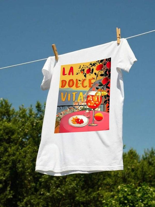 Women's Drink & Letter Print Round Neck Tee, Trendy Casual Crew Neck Short Sleeve T-Shirt for Daily Wear, Ladies Summer, Top