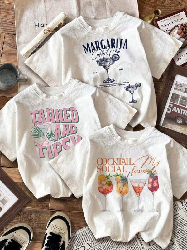 Women's Drink Print Round Neck Tee, Casual Short Sleeve Crew Neck T-shirt for Summer, Fashion Women's Top for Daily...
