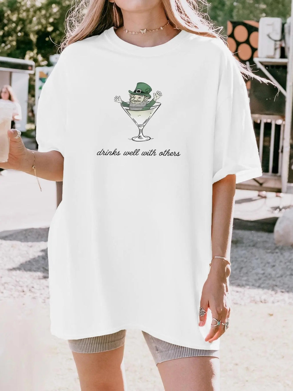 Women's Drinks & Letter Print Round Neck Tee, Casual Half  Sleeve T-shirt for Summer, Women's Top for Daily Wear Hoodie,...
