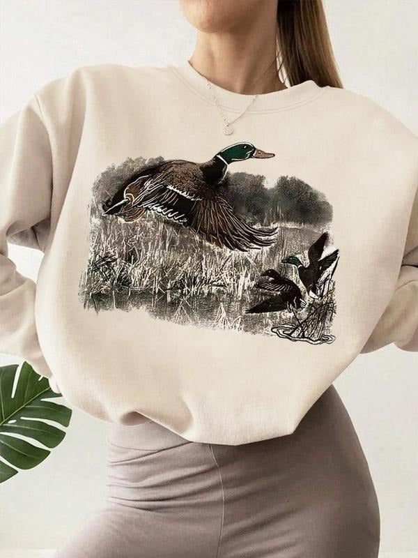 Women's Duck Print Drop Shoulder Thermal Lined Sweatshirt, Casual Long Sleeve Round Neck Pullover for Winter, Fashion...