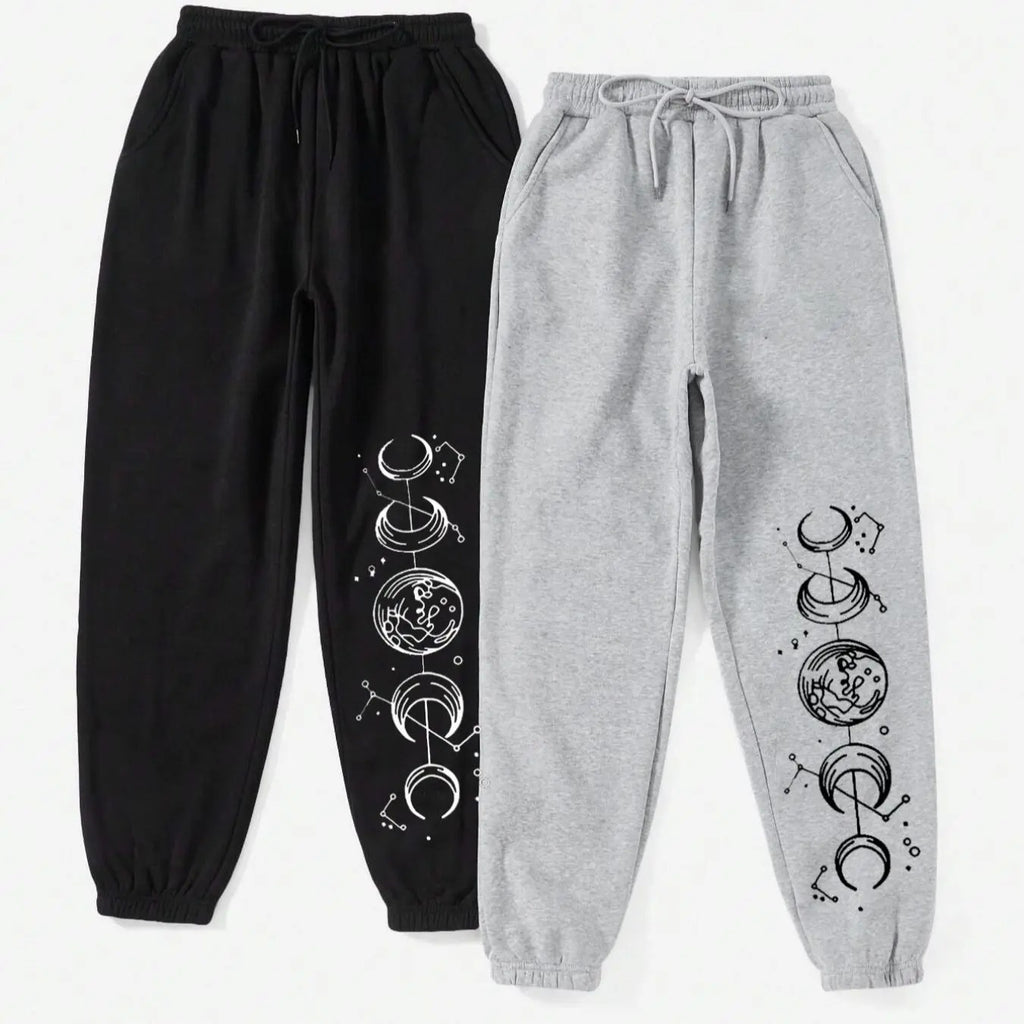 Women's Earth & Moon Print Drawstring Waist Sweatpants, Casual Pocket Jogger Pants for Spring & Fall, Ladies Bottoms for...