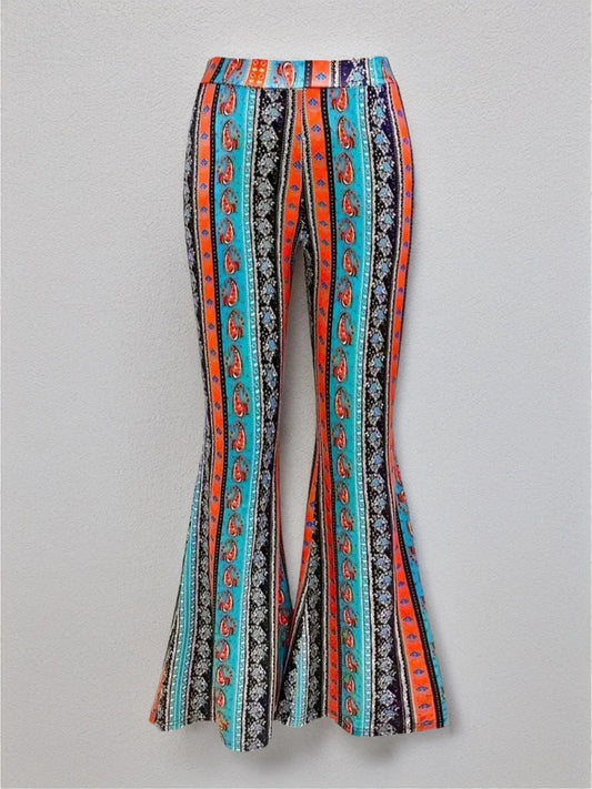 Women's Ethnic Pattern High Waist Vintage Rib Flares Leg Pants, Lady Boho Comfort Paisley Print Elastic Waist Trousers for Spring & Fall, Summer Pants, Clothwomen's Bottoms for Daily Wear