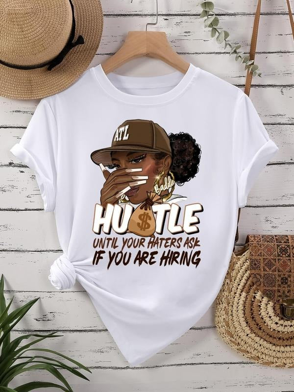 Women's Figure & Letter Print Round Neck Graphic Tee, Vintage Trendy Casual Short Sleeve T-shirt for Daily Wear, Ladies All Seasons Outfit