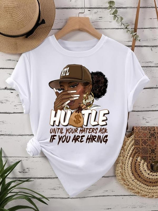 Women's Figure & Letter Print Round Neck Graphic Tee, Vintage Trendy Casual Short Sleeve T-shirt for Daily Wear, Ladies All Seasons Outfit