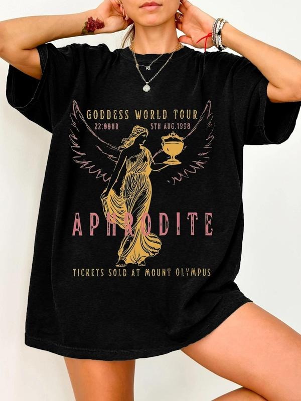 Women's Figure & Wing Print Round Neck Tee, Casual Graphic Short Sleeve T-Shirt for Summer, Women's Top for Daily Wear...