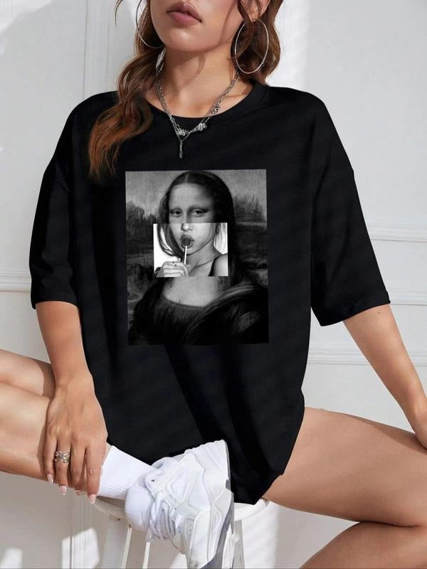 Women's Figure Graphic Round Neck Drop Shoulder Tee, Fashion Casual Crew Neck T-Shirt for Daily Wear, Ladies Clothes for...