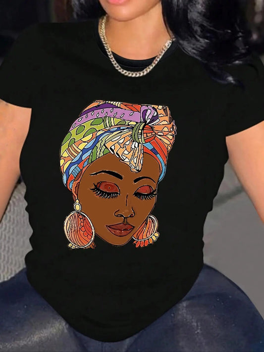 Women's Figure Print Round Neck Tee, Fashion Casual Crew Neck Short Sleeve T-shirt for Daily Holiday Vacation Outdoor Wear, Ladies Clothes for All Seasons