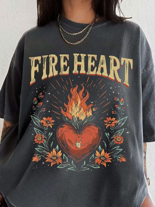 Women's Fire Heart Print Round Neck Graphic Tee, Vintage Trendy Casual Flower & Figure Print Short Sleeve T-shirt for Daily Wear, Ladies Summer Outfit, Top, Streetwear