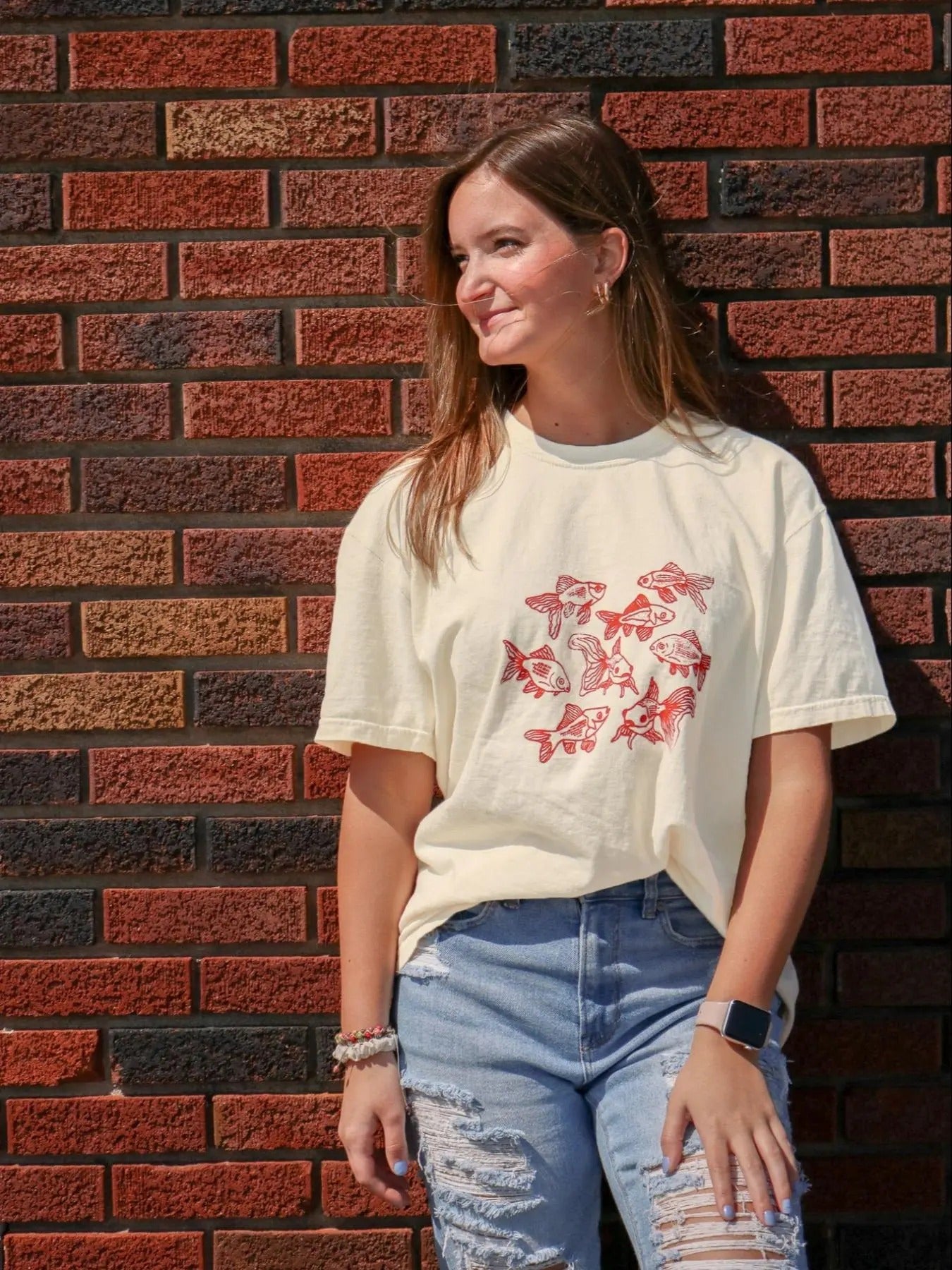Women's Fish Print Round Neck Graphic Tee, Vintage Trendy Casual Short Sleeve T-shirt for Daily Wear, Ladies Summer Clothes