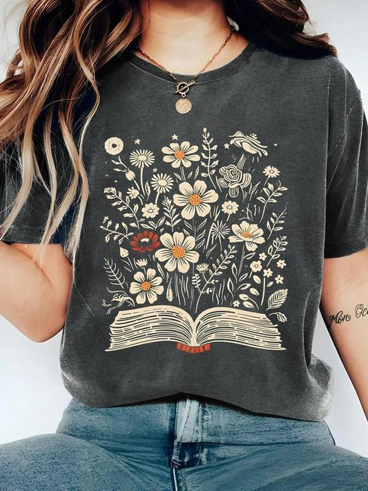 Women's Floral & Book Print Round Neck Graphic Tee, Vintage Trendy Casual Book Graphic Short Sleeve T-shirt for Daily Wear, Ladies Summer Outfit, Top