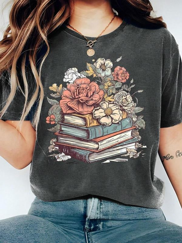 Women's Floral & Book Print Round Neck Tee, Casual Short Sleeve Crew Neck T-shirt for Summer, Fashion Women's Top for...