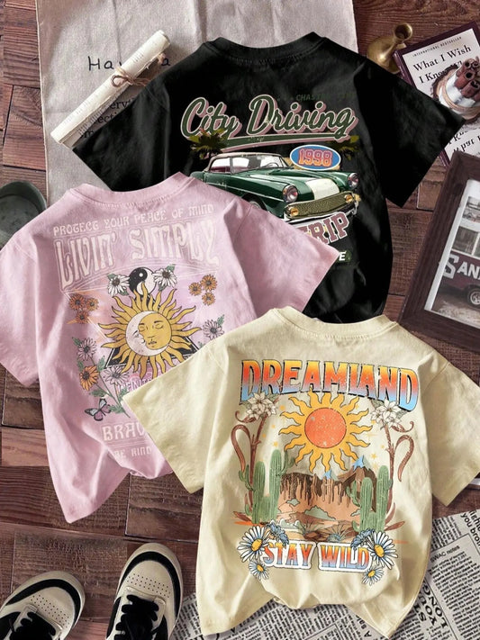 Women's Floral & Car & Letter & Sun Print Round Neck Graphic Tee, Vintage Trendy Casual Short Sleeve T-shirt for Daily Wear, Ladies Summer Outfit