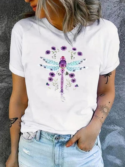 Women's Floral & Dragonfly Print Round Neck Tee, Trendy Casual Crew Neck Short Sleeve T-shirt For Daily Wear, Ladies Summer Outfit