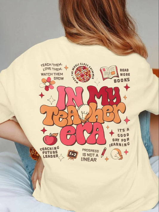 Women's Floral & Letter & Book Print Round Neck Graphic Tee, Vintage Trendy Casual Short Sleeve T-shirt for Daily Wear, Ladies Summer Outfit