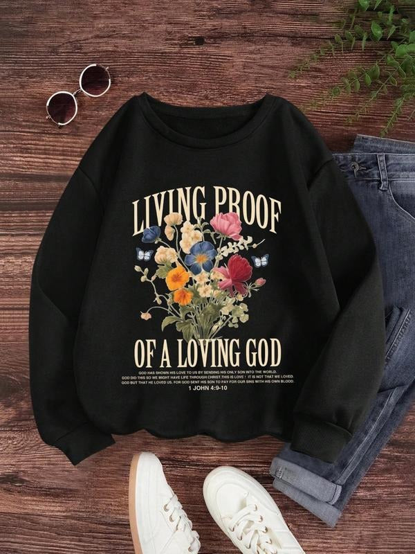 Women's Floral & Letter Print Crew Neck Sweatshirt, Casual Long Sleeve Pullover for Daily Wear, Ladies Clothes for All...