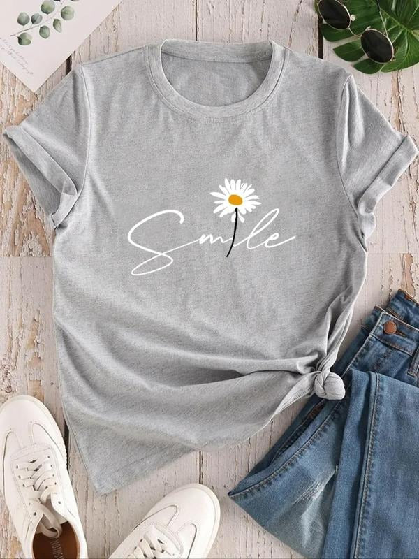 Women's Floral & Letter Print Round Neck Graphic Tee, Trendy Casual Short Sleeve T-shirt For Daily Wear, Ladies All...