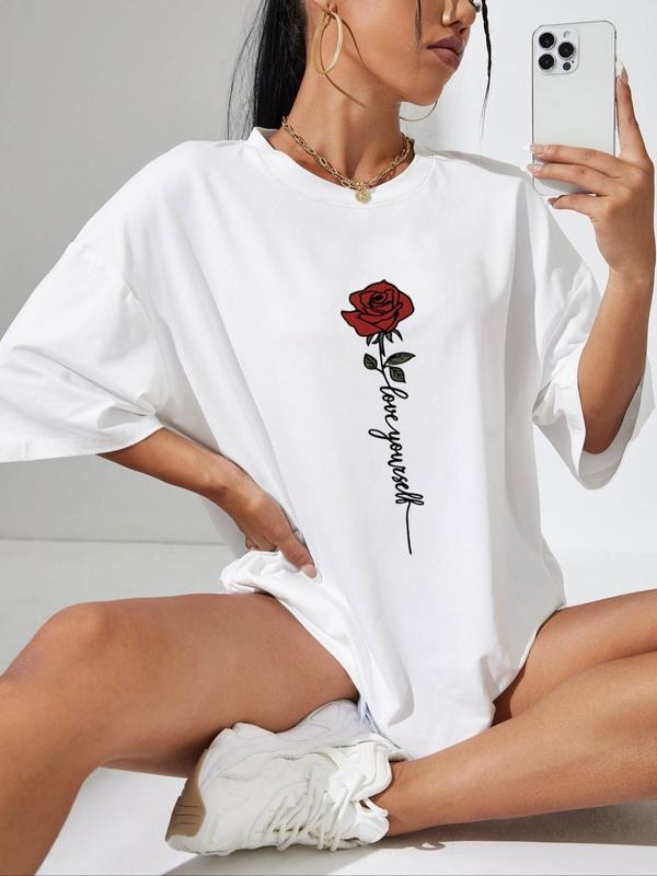 Women's Floral & Letter Print Round Neck Graphic Tee, Vintage Trendy Casual Drop Shoulder Half Sleeve T-shirt For Daily Wear, Ladies All Seasons Outfit