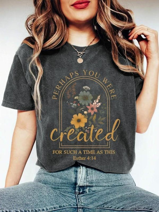 Women's Floral & Letter Print Round Neck Graphic Tee, Vintage Trendy Casual Short Sleeve T-shirt for Daily Wear, Ladies Summer Outfit, Top