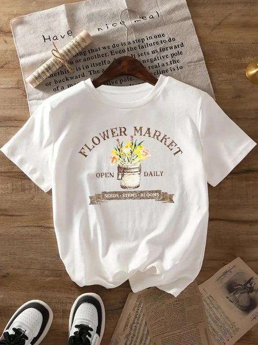 Women's Floral & Letter Print Round Neck Tee, Casual Short Sleeve Crew Neck T-Shirt for Daily Wear, Ladies Clothes for All Seasons