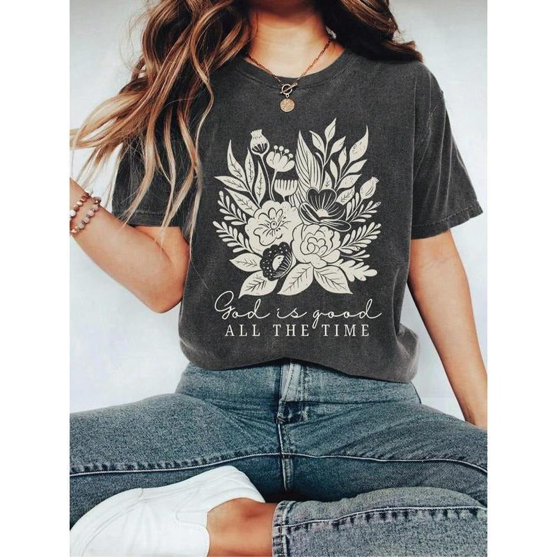 Women's Floral & Letter Print Round Neck Tee, Casual Short Sleeve T-shirt for Daily Wear, Ladies Summer Hoodie, Sweatshirt