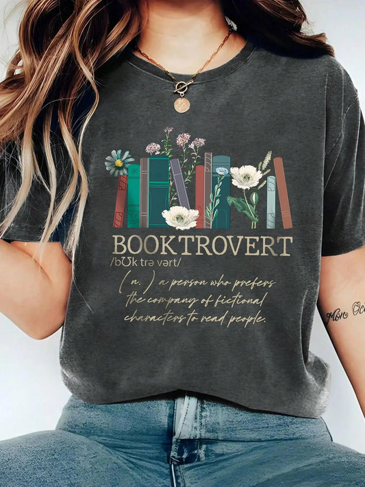 Women's Floral & Letter Print Round Neck Tee, Vintage Trendy Casual Short Sleeve T-shirt for Daily Wear, Ladies Spring & Fall Clothes