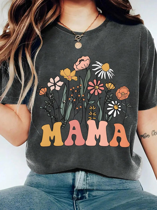Women's Floral & Letter Print Round Neck Tee, Vintage Trendy Casual Short Sleeve T-shirt for Daily Wear, Ladies Spring & Fall Clothesstyle{n002}2