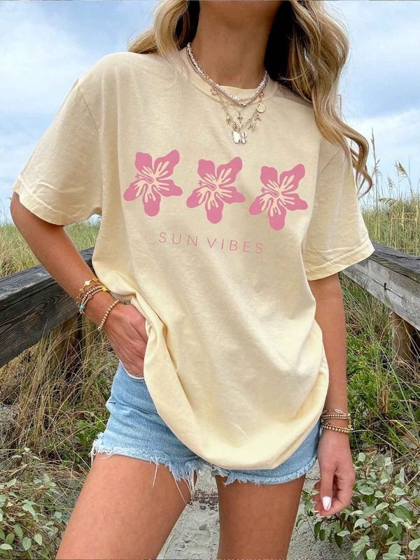 Women's Floral & Letter Print Round Neck Tee, Vintage Trendy Casual Short Sleeve T-shirt for Daily Wear, Ladies Summer...