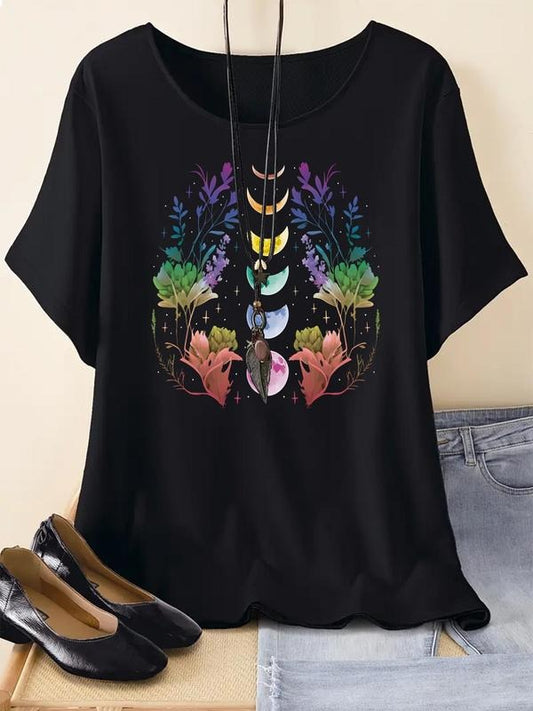 Women's Floral & Moon Print Round Neck Tee, Casual Comfy Short Sleeve T-shirt for Summer, Fashion Women's Top for Daily Wear