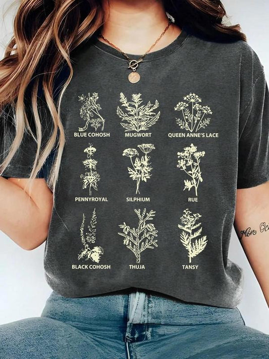 Women's Floral & Plants Print Round Neck Tee, Vintage Trendy Casual Short Sleeve T-shirt for Daily Wear, Ladies Summer Outfit