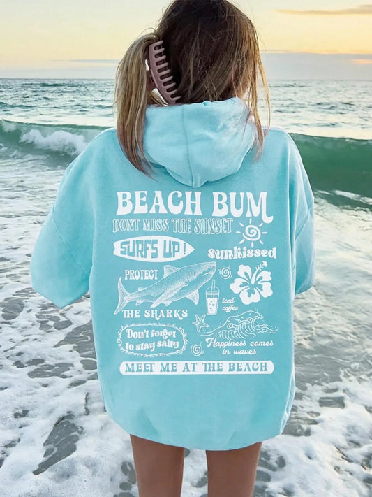 Women's Floral & Shark Print Drop Shoulder Thermal Lined Hoodie, Fashion Casual Letter Graphic Drawstring Pocket Hooded Sweatshirt for Daily Holiday Outdoor Wear, Ladies Clothes for Spring & Fall