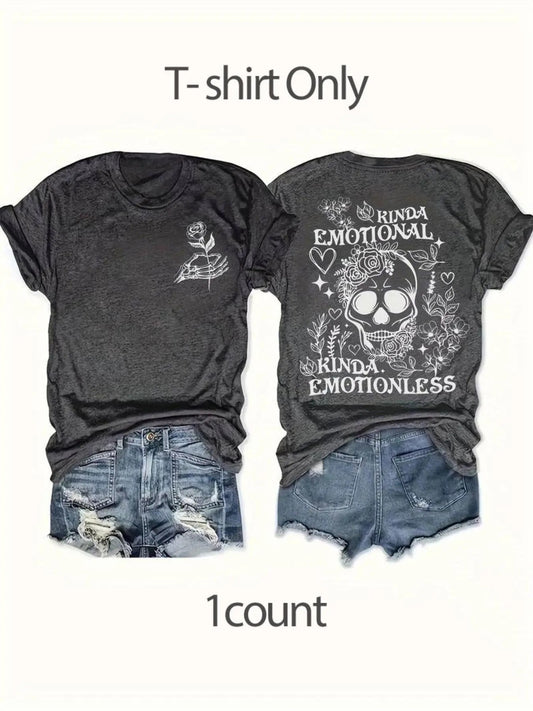 Women's Floral & Skull Print Round Neck Graphic Tee, Vintage Trendy Casual Letter Graphic Short Sleeve T-shirt for Daily Wear, Ladies All Seasons Outfit