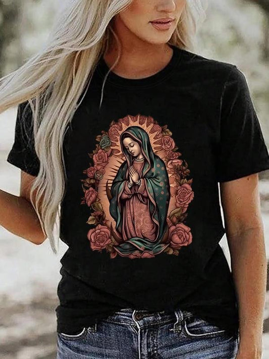 Women's Floral Figure Print Round Neck Graphic Tee, Vintage Trendy Casual Short Sleeve T-shirt For Daily Wear, Ladies All Seasons Outfit