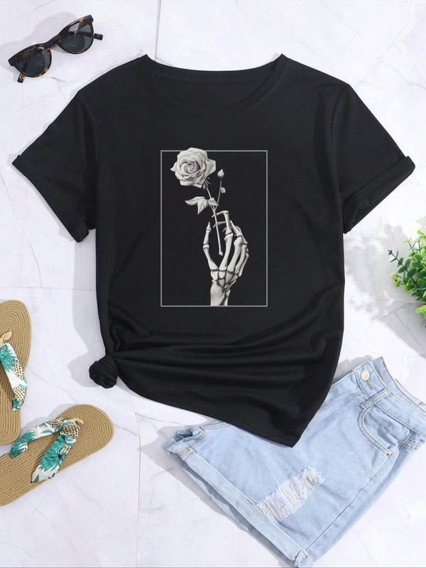 Women's Floral Graphic Print Round Neck Tee, Fashion Casual Short Sleeve T-shirt for Daily Wear, Ladies Clothes for...