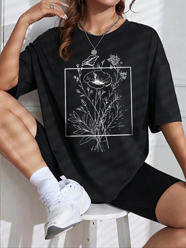 Women's Floral Print Round Neck Graphic Tee, Vintage Trendy Casual Drop Shoulder Half Sleeve T-shirt For Daily Wear, Ladies All Seasons Outfit