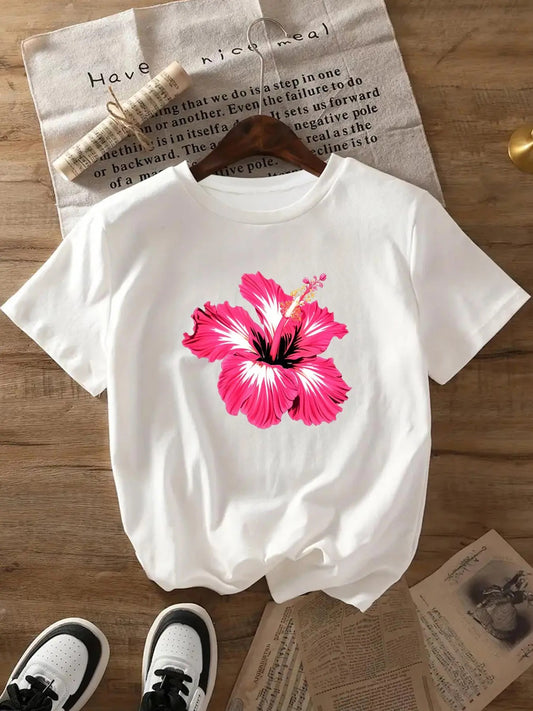 Women's Floral Print Round Neck Tee, Casual Short Sleeve Crew Neck T-Shirt for Daily Wear, Ladies Clothes for All Seasons