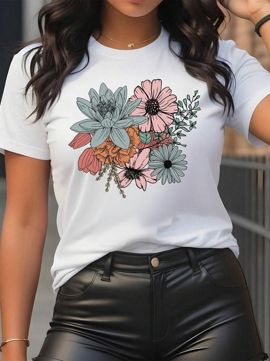 Women's Floral Print Round Neck Tee, Trendy Casual Crew Neck Short Sleeve T-shirt For Daily Wear, Ladies Summer Outfit