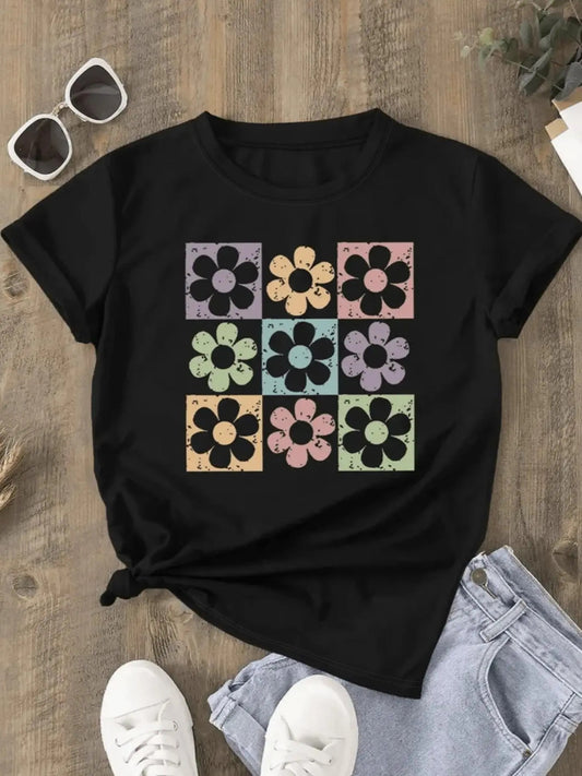 Women's Floral Print Round Neck Tee, Vintage Trendy Casual Short Sleeve T-shirt for Daily Wear, Ladies Fall & Winter Outfit