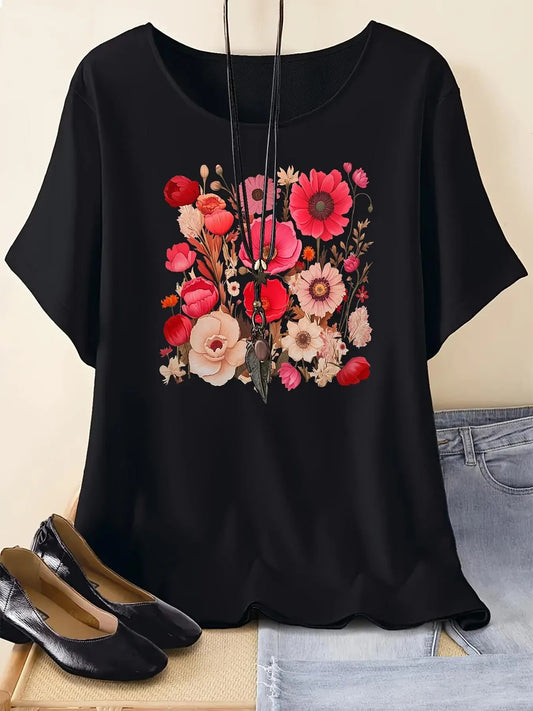 Women's Floral Print Round Neck Tee, Vintage Trendy Casual Short Sleeve T-shirt for Daily Wear, Ladies Summer Outfit