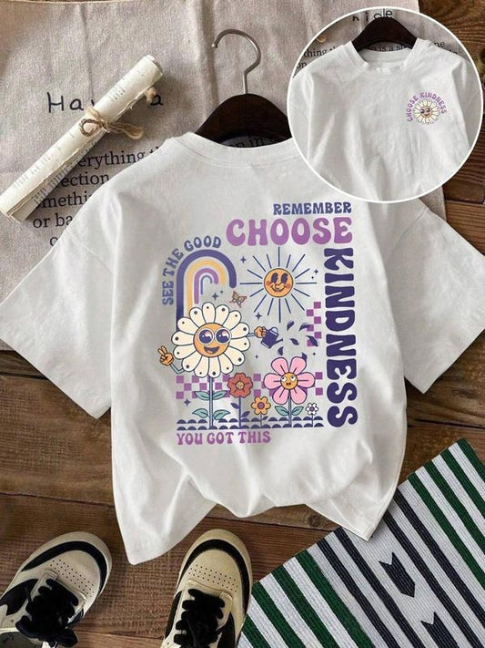 Women's Flower & Letter Print Round Neck Graphic Tee, Vintage Trendy Casual Figure Graphic Back Printed T-shirt for Daily Wear, Ladies Summer Outfit, Top