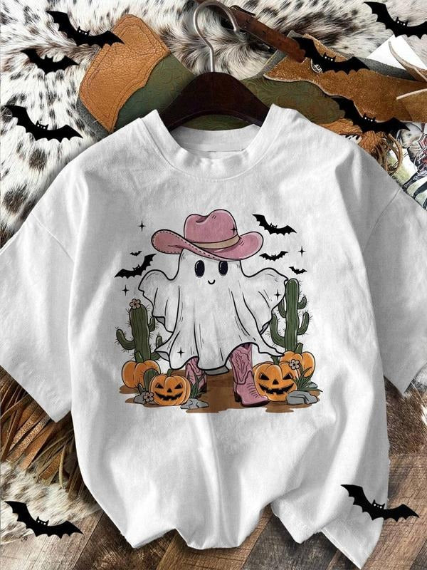 Women's Ghost & Pumpkin Print Round Neck Tee, Casual Halloween Graphic Short Sleeve T-Shirt for Summer, Ladies Clothes for Daily Wear, Tops