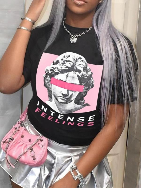 Women's Graphic Print Round Neck Tee, Fashion Casual Short Sleeve T-shirt for Daily Wear, Ladies Summer Clothes